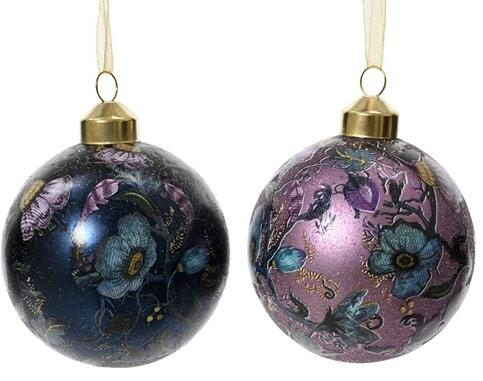 Christmas Hanger Bauble glass with flowers and leaves all over night blue - crystal lilac