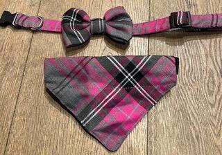 Dog Collar with Bandana  or bowtie Pink/grey tartan