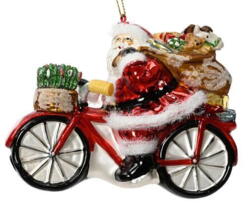 Christmas hanger Santa glass on bike with xmas bag